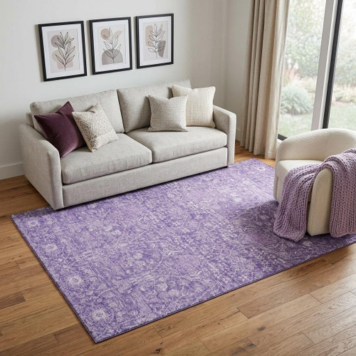 5' X 8' Plum And Beige Floral Washable Area Rug With UV Protection
