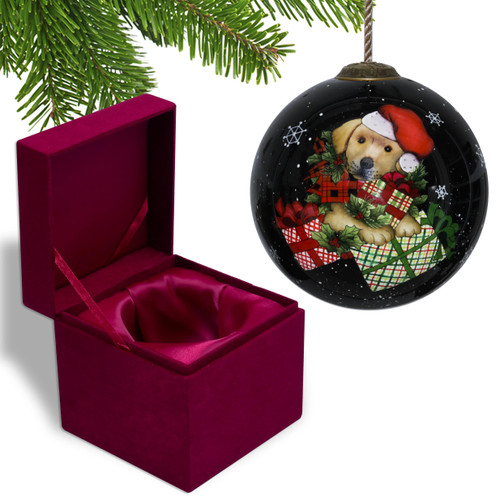 Homeroots Home Decor Christmas Puppy with Presents Hand Painted Mouth Blown Glass Ornament