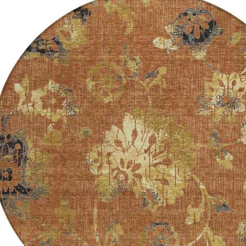 8' Orange And Rust Round Floral Washable Indoor Outdoor Area Rug