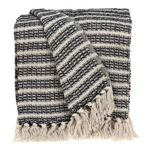 Homeroots Home Decor Black and Beige Striped Woven Handloom Throw Blanket