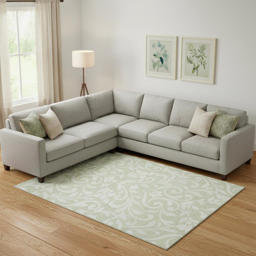 9' X 12' Artichoke Green And Ivory Floral Washable Area Rug With UV Protection