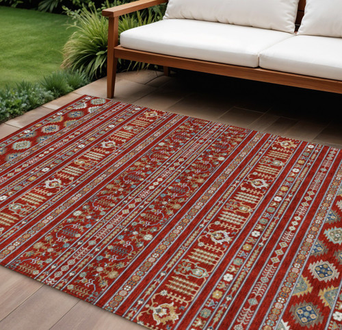 10' X 14' Red Gold And Blue Tribal Washable Indoor Outdoor Area Rug