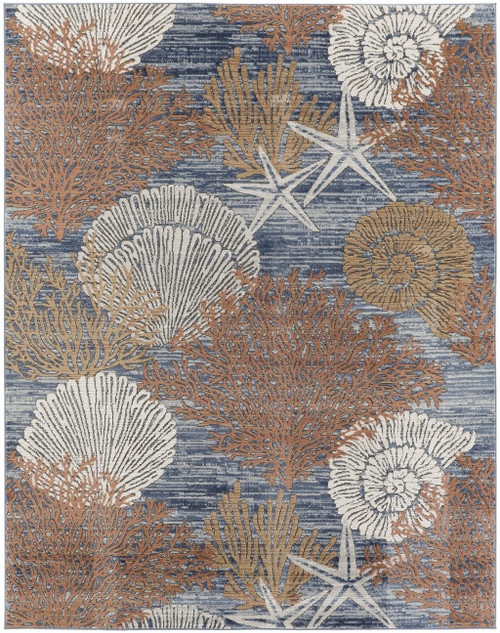 8' X 10' Blue And Brown Seashell and Coral Non Skid Area Rug