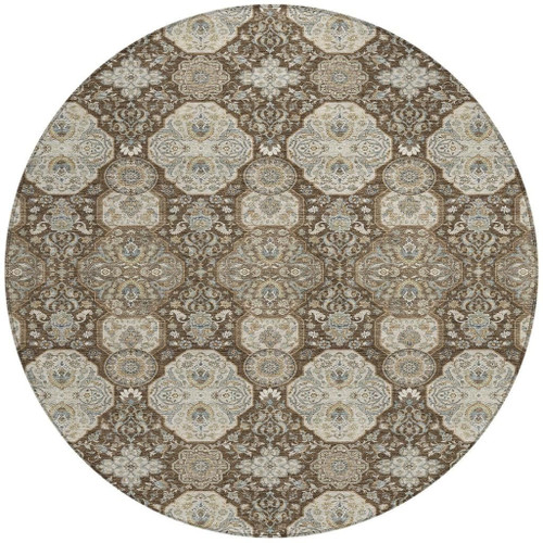 8' Chocolate And Brown Round Floral Washable Indoor Outdoor Area Rug