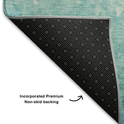 10' X 14' Teal And Ivory Damask Washable Area Rug With UV Protection