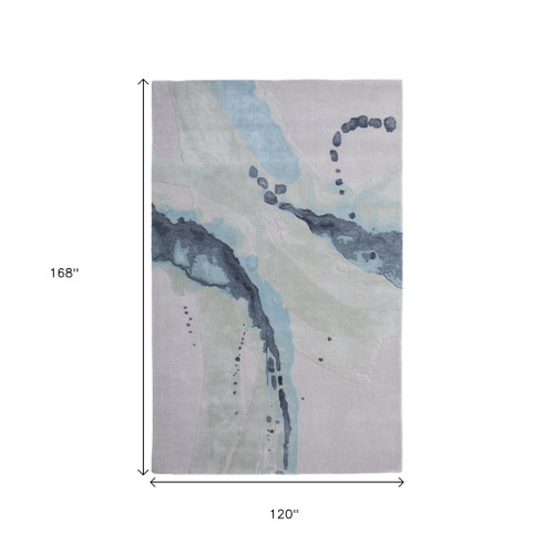 10' X 14' Green Blue And Ivory Abstract Hand Tufted Area Rug