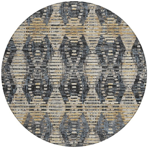 8' Black And Gray Round Floral Medallion Washable Indoor Outdoor Area Rug