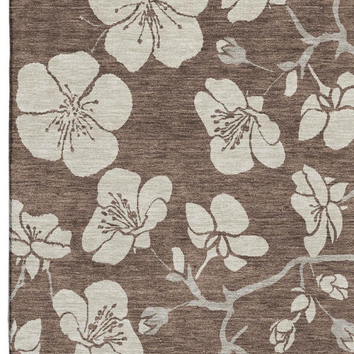 8' X 10' Brown And Beige Floral Washable Area Rug With UV Protection