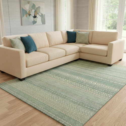 9' X 12' Fern Green And Ivory Striped Washable Area Rug With UV Protection