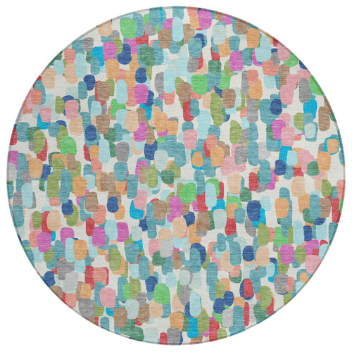 8' Teal Blue And Navy Blue Round Abstract Washable Indoor Outdoor Area Rug