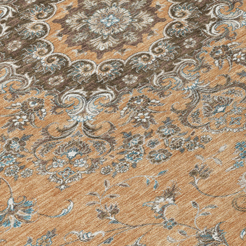 10' X 14' Copper And Chocolate Floral Medallion Washable Indoor Outdoor Area Rug