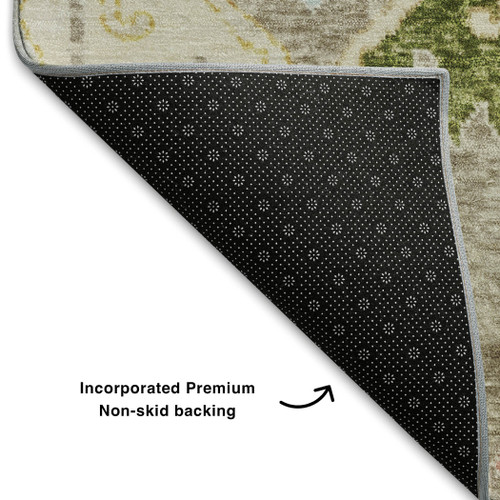 10' X 14' Beige Blue And Gold Floral Washable Area Rug With UV Protection