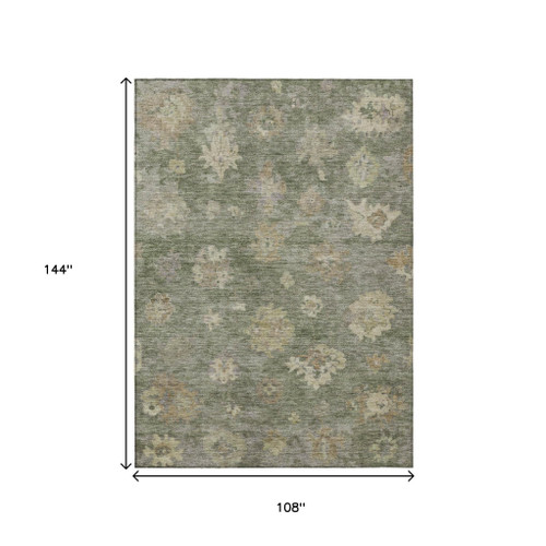 9' X 12' Sage And Beige Floral Washable Indoor Outdoor Area Rug