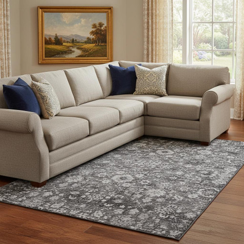 9' X 12' Gray And Ivory Oriental Washable Area Rug With UV Protection