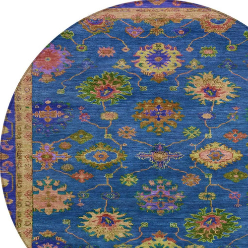 8' Blue And Gold Round Floral Washable Indoor Outdoor Area Rug