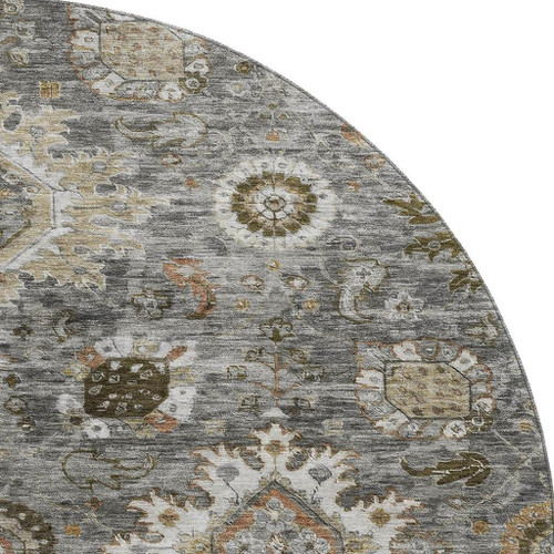 8' Pewter Copper And Beige Oriental Washable Round Rug With UV Protection