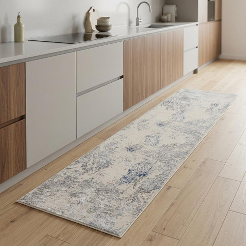 8' Ivory Blue And Gray Abstract Non Skid Runner Rug