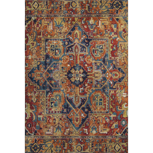 5' X 8' Rust Blue And Gold Oriental Washable Area Rug With UV Protection