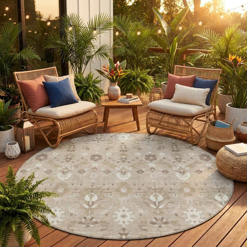 8' Beige And Brown Round Oriental Washable Indoor Outdoor Area Rug