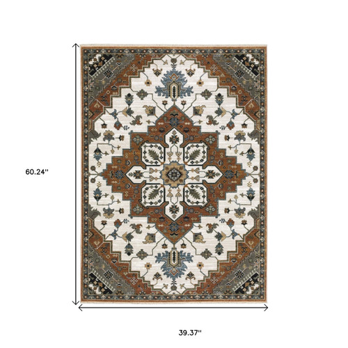3' X 5' Rust Ivory And Black Medallion Area Rug With Fringe