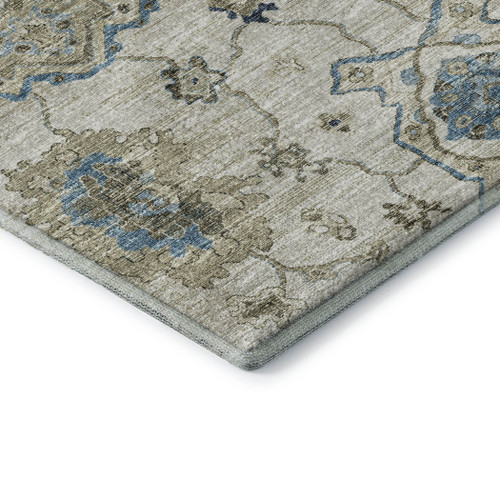 5' X 8' Blue Ivory And Gray Floral Medallion Distressed Washable Area Rug With UV Protection