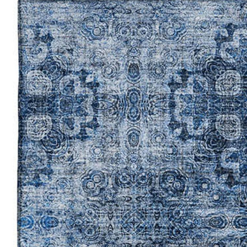 5' X 8' Navy Blue And Ivory Floral Medallion Distressed Washable Area Rug With UV Protection