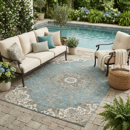5' X 8' Teal Blue And Sage Floral Medallion Washable Indoor Outdoor Area Rug