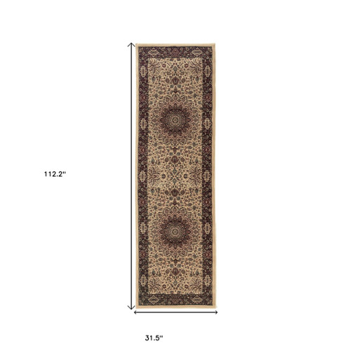 9' Ivory And Black Oriental Runner Rug