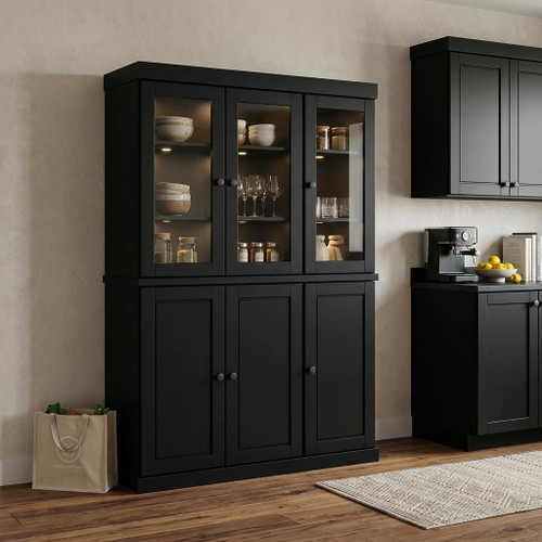72" Black Solid Wood Six Door Two Drawer Pantry Or Storage Closet