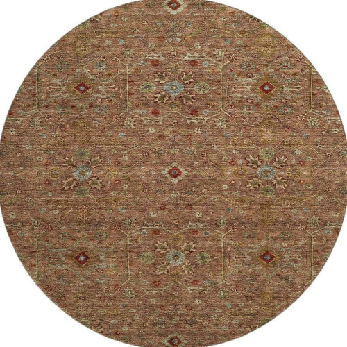8' Rust Gold And Blue Oriental Washable Round Rug With UV Protection