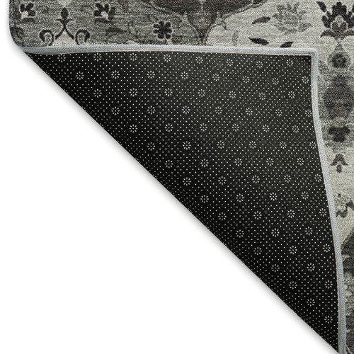 5' X 8' Gray Charcoal And Ivory Floral Medallion Washable Indoor Outdoor Area Rug
