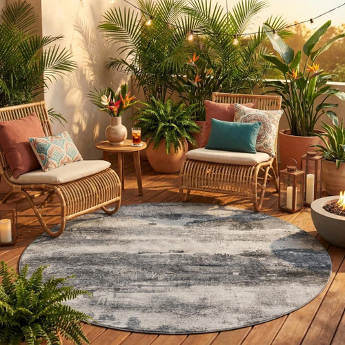 8' Gray And Graphite Round Abstract Washable Indoor Outdoor Area Rug