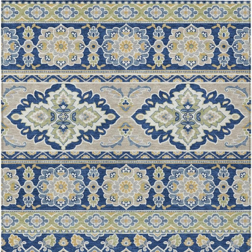 9' X 12' Navy Blue And Beige Tribal Washable Indoor Outdoor Area Rug