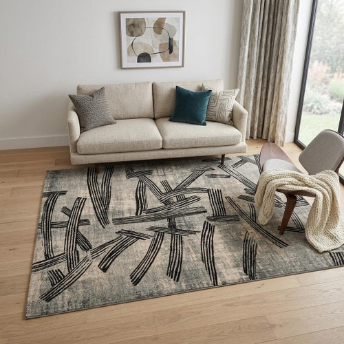 5' X 7' Gray And White Abstract Washable Area Rug With UV Protection