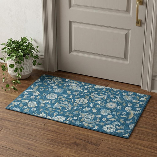 3' X 5' Navy Blue Ivory And Beige Floral Washable Area Rug With UV Protection