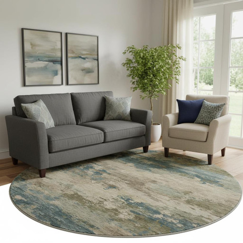 8' Teal And Beige Abstract Washable Round Rug With UV Protection