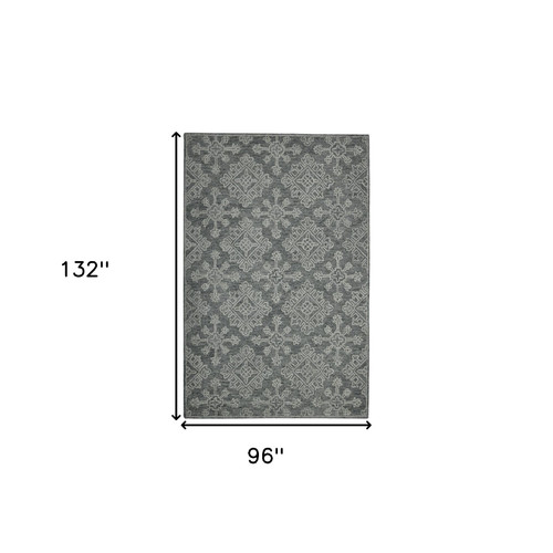 8' X 11' Graphite And Gray Wool Oriental Hand Hooked Area Rug