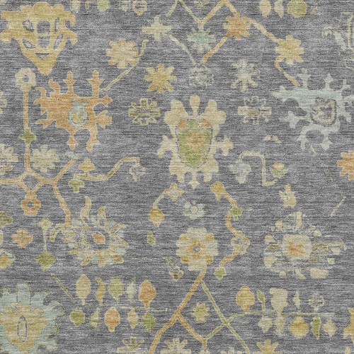 10' X 14' Gray Gold And Blue Floral Washable Area Rug With UV Protection