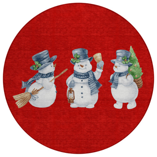 8' Red Denim Blue And Ivory Round Snowmen Washable Indoor Outdoor Area Rug