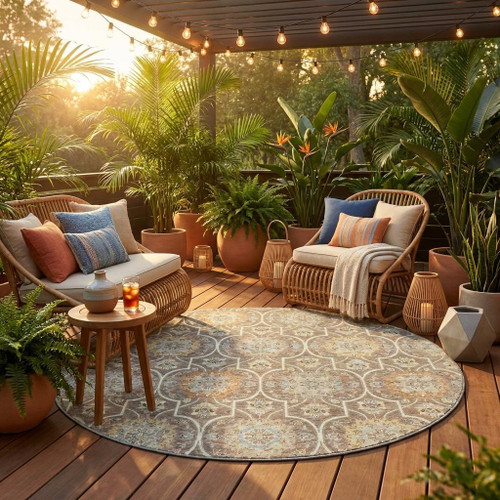 8' Taupe And Ivory Round Floral Medallion Washable Indoor Outdoor Area Rug