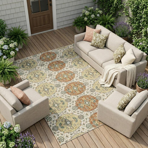 8' X 10' Cream And Ivory Striped Washable Indoor Outdoor Area Rug