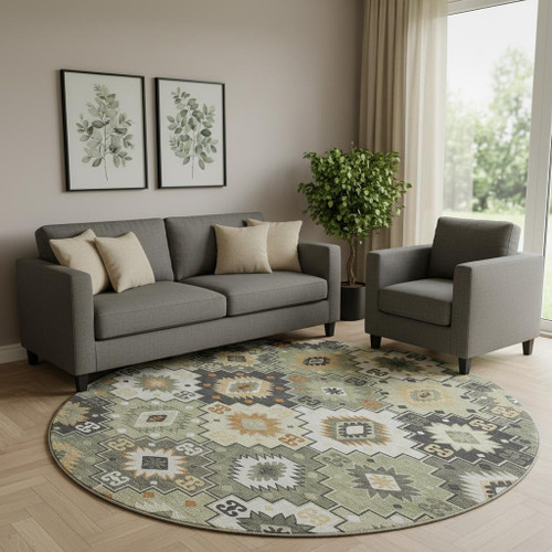 8' Fern Green And Gold Geometric Washable Round Rug With UV Protection