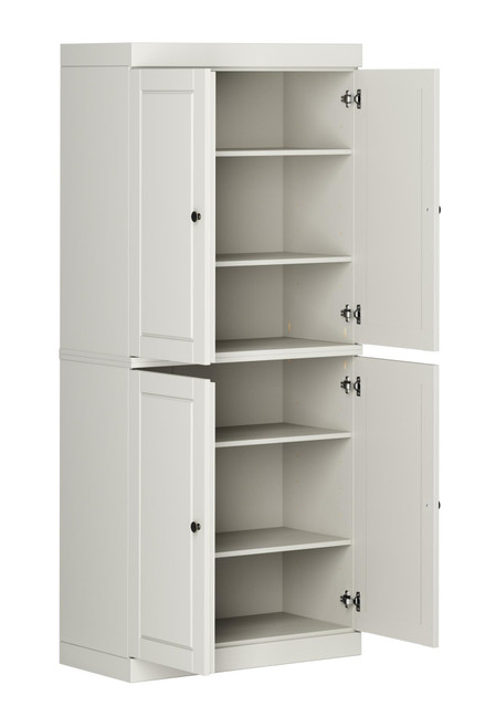 72" Off White Solid Wood Adjustable Six Tier Library Bookcase with Four Doors