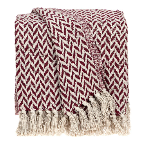 Homeroots Home Decor Burgundy Handloom Herringbone Weave Throw with Tassels