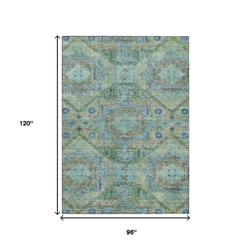 8' X 10' Green And Pale Aqua Moroccan Washable Indoor Outdoor Area Rug