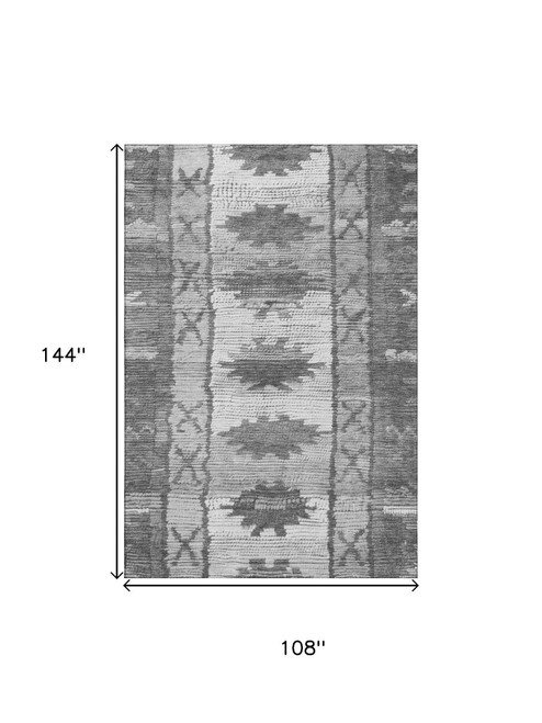 9' X 12' Gray Charcoal And Ivory Tribal Washable Area Rug With UV Protection
