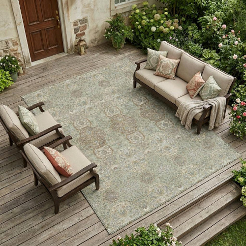 9' X 12' Sage And Green Floral Washable Indoor Outdoor Area Rug