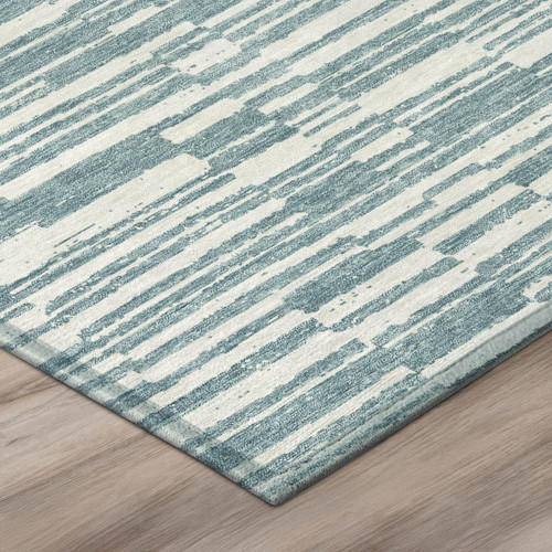 9' X 12' Teal Blue And Silver Striped Washable Indoor Outdoor Area Rug