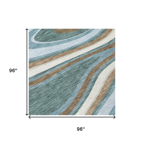 8' Teal Blue And Turquoise Round Abstract Washable Indoor Outdoor Area Rug