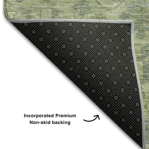 10' X 14' Artichoke Green And Gray Damask Washable Area Rug With UV Protection
